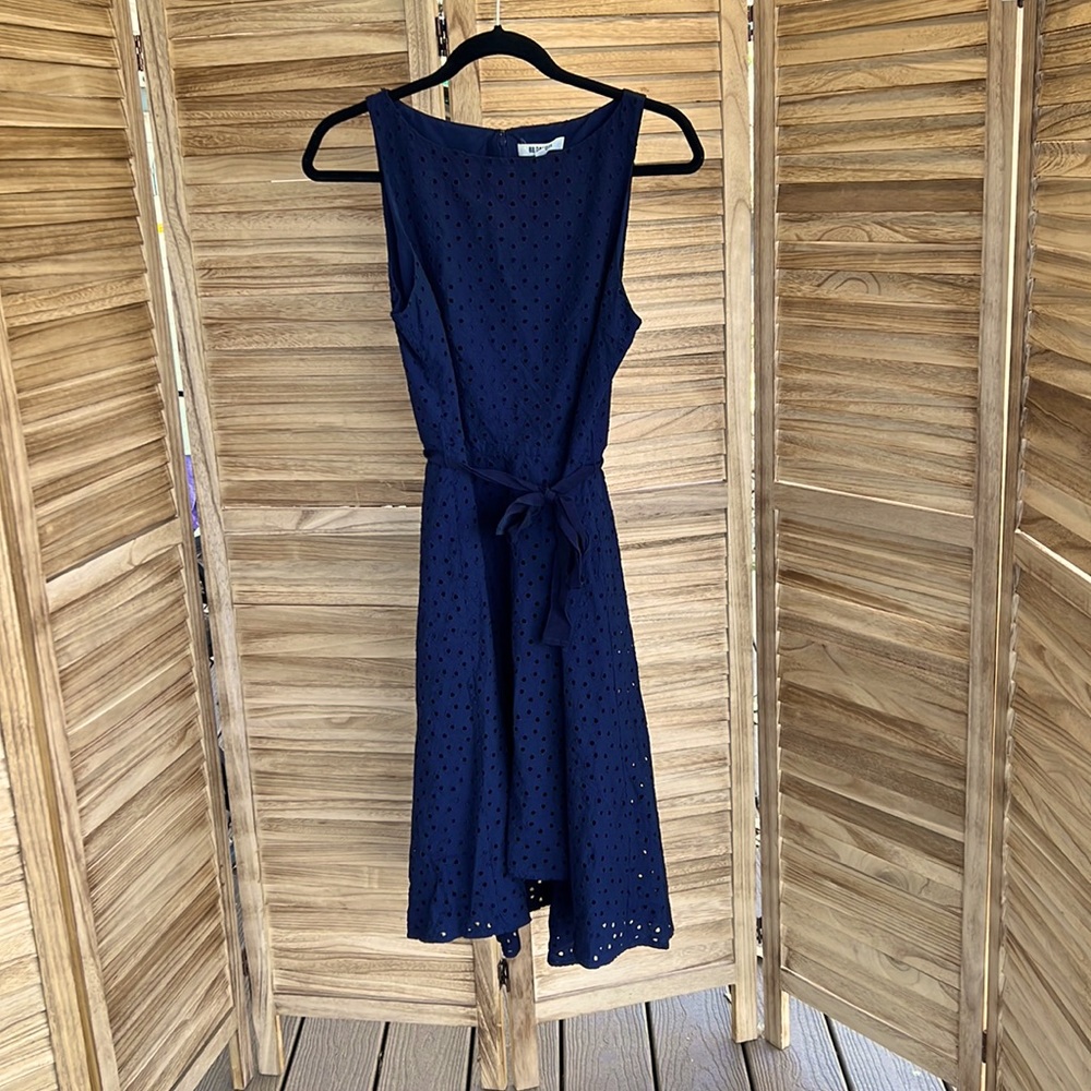(6) BB Dakota Navy Blue Sleeveless Midi Fit and Flare eyelet dress with belt